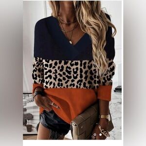 NEW - Leopard Color Block Long Sleeve Blouse